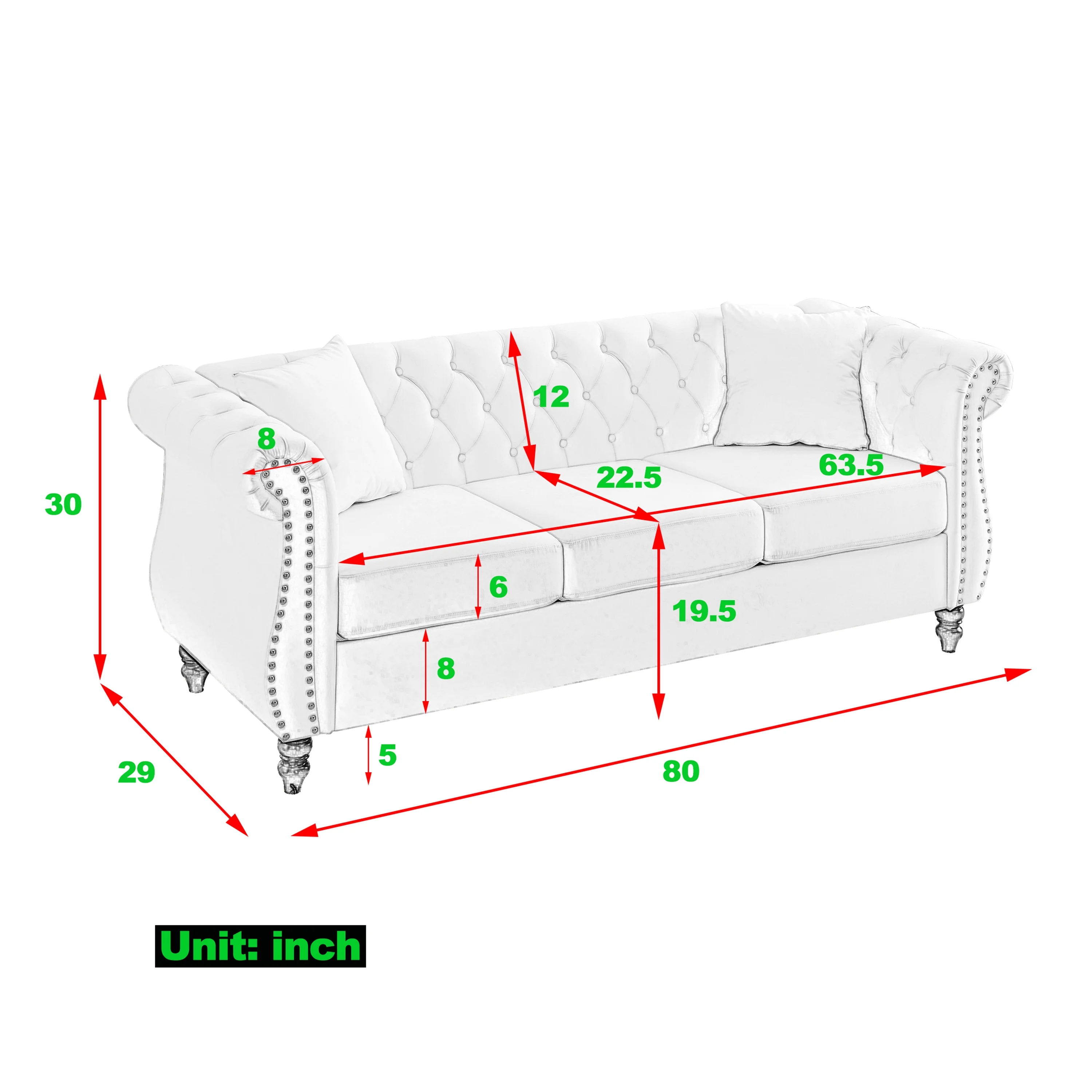 Ufurpie 80" 3-Seater Velvet Chesterfield Sofa with 2 Pillows,Tufted Couch with Rolled Arms and Nailhead,for Living Room,Bedroom,Office,Apartment,Gray