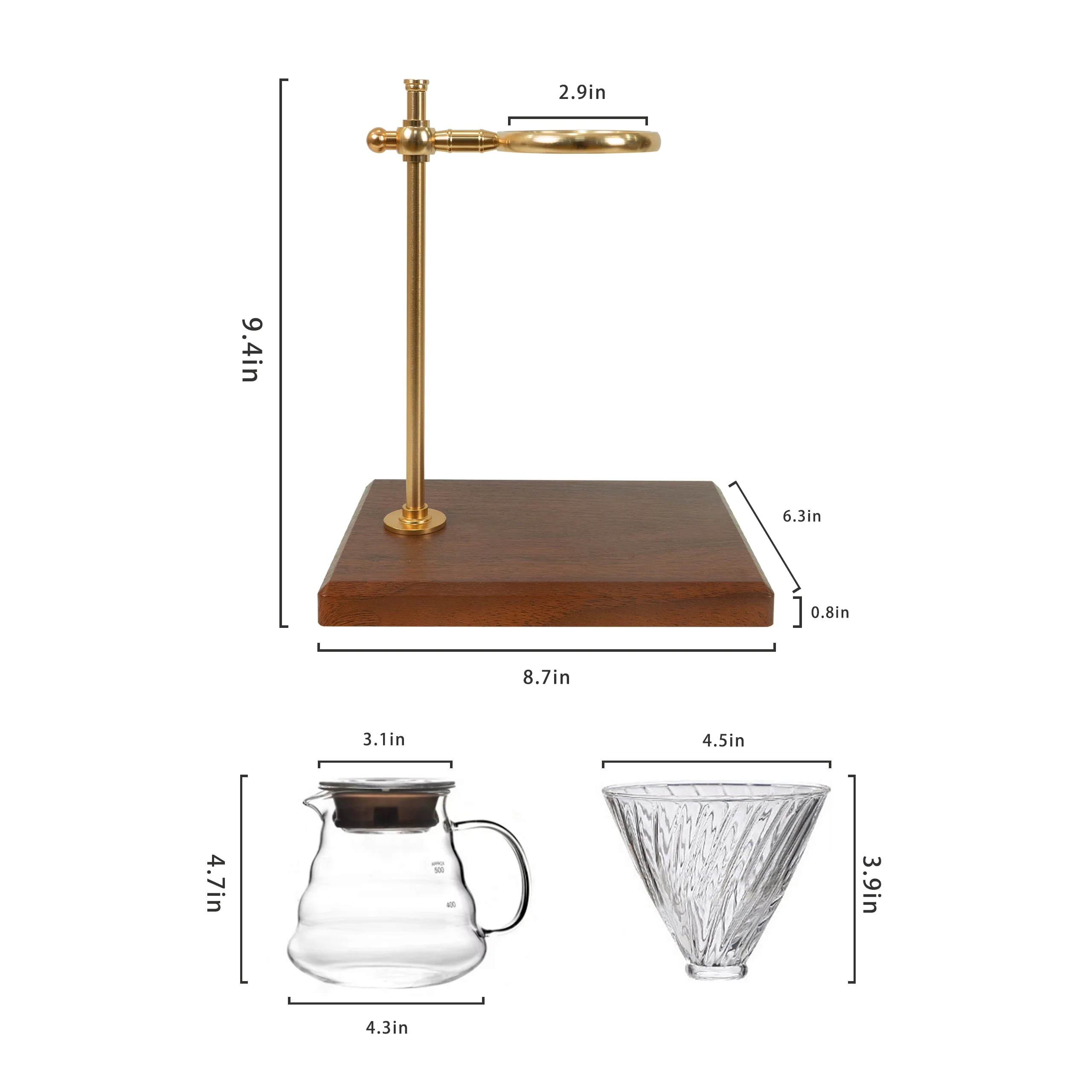 L'ÉPICÉA Pour over Coffee Maker Set,Stainless Steel Stand, Wooden Base, Glass Coffee Dripper