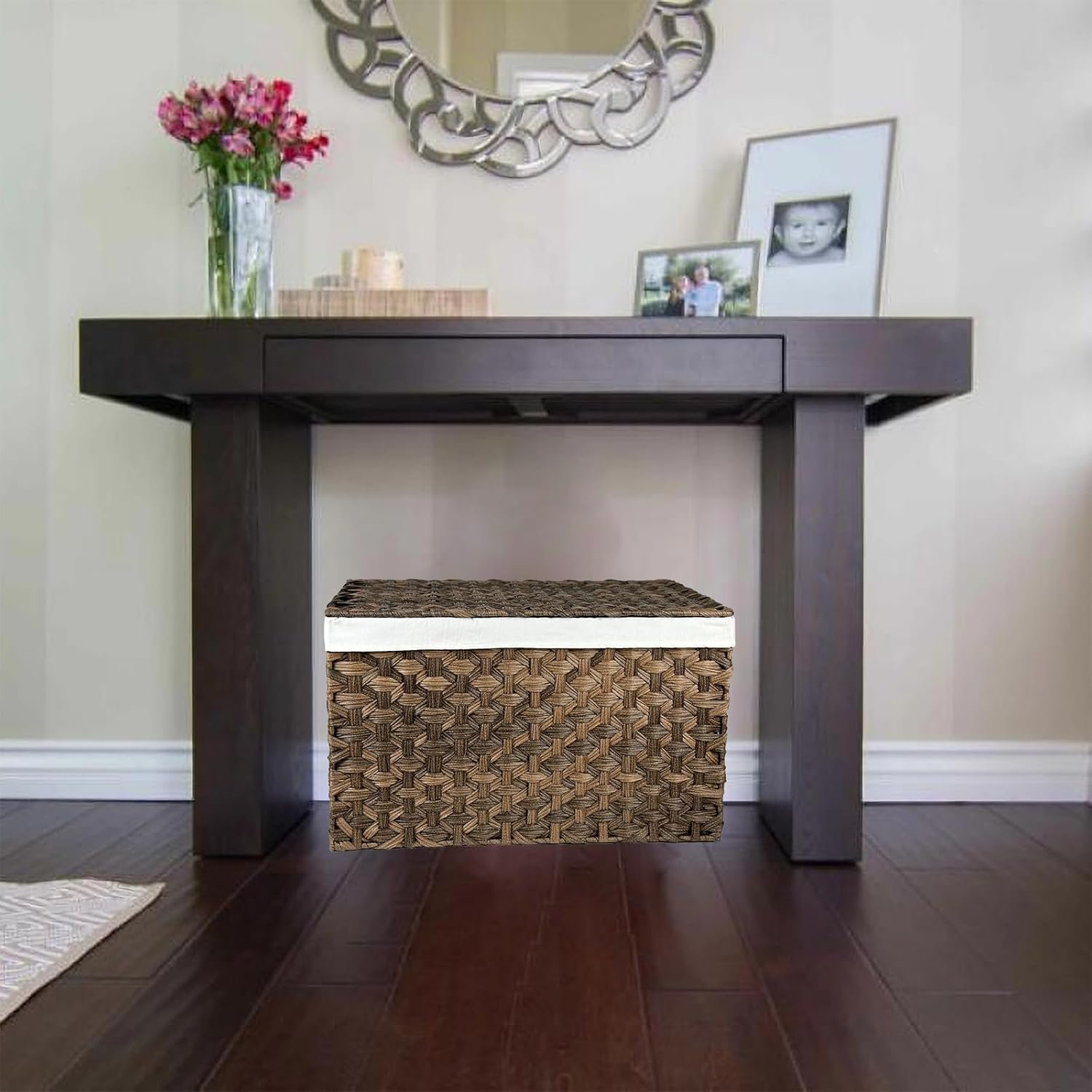 Wicker Storage Basket with Lid, 27.7 Gallon (105L) Large Blanket Basket with Lid, Woven Storage Bin with Handles, Removable Liner, Metal Frame