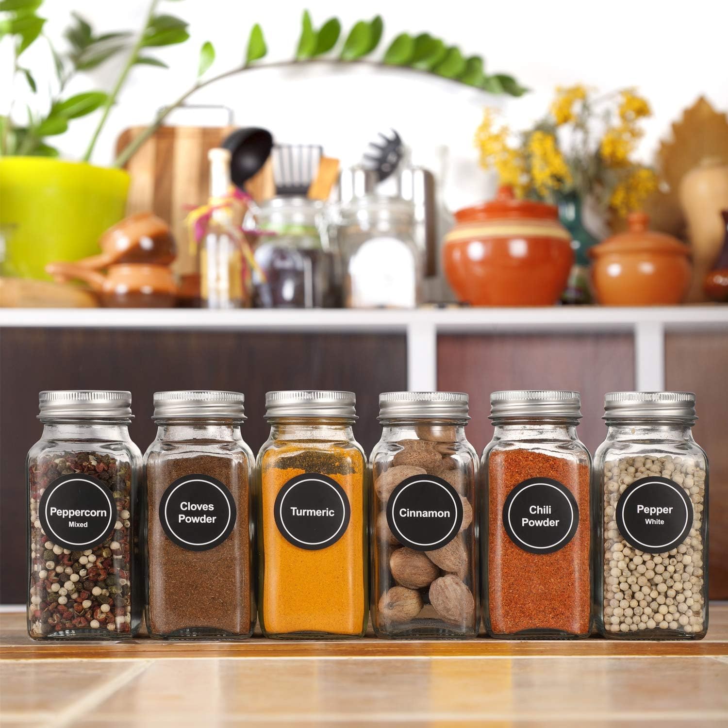 AOZITA 36 Pcs Glass Spice Jars with Spice Labels - 4oz Empty Square Spice Bottles - Shaker Lids and Airtight Metal Caps