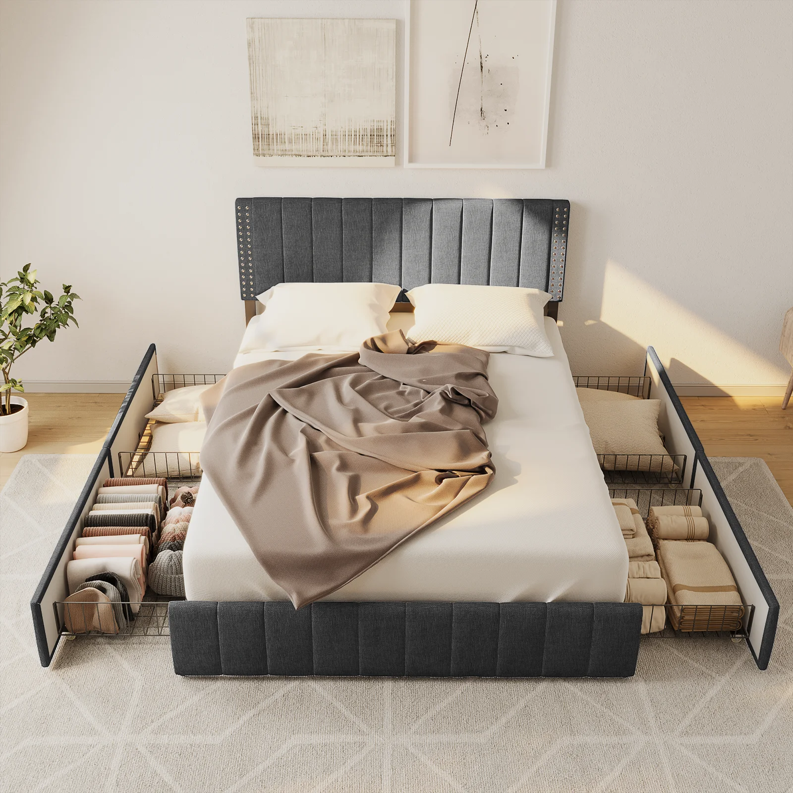 Aiho Bed Frame Full with 4 Storage Drawers for Bedroom, Dark Grey
