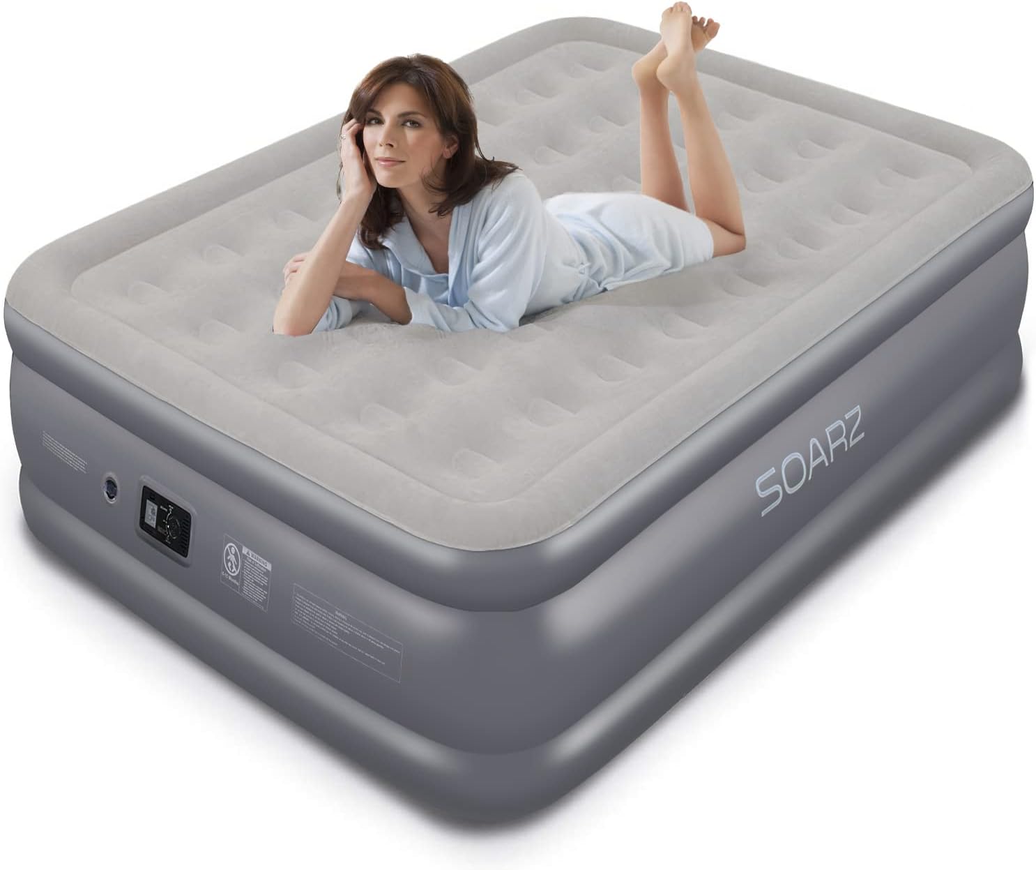 SOARZ Air Mattress Queen with Built-in Pump, Upgraded Double High Luxury Flocked Top Airbed for Home Camping Travel and Indoor Use
