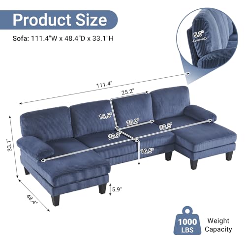 VINGLI 110" Sectional Couches for Living Room,U Shaped Couch with Double Chaise, 4-Seat Sofa Set with Chenille Fabric for Home Furniture,Forest Green