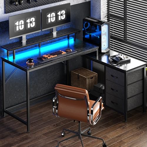Huuger Reversible L Shaped Computer Desk with Drawers, Gaming Desk with LED Lights and Power Outlets, Office Desk with Storage Shelves