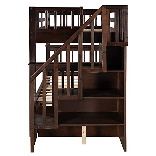 Harper & Bright Designs Twin Over Twin Bunk Bed with Stairs and Trundle, Solid Wood Stairway Bunk Bed Frame with Storage