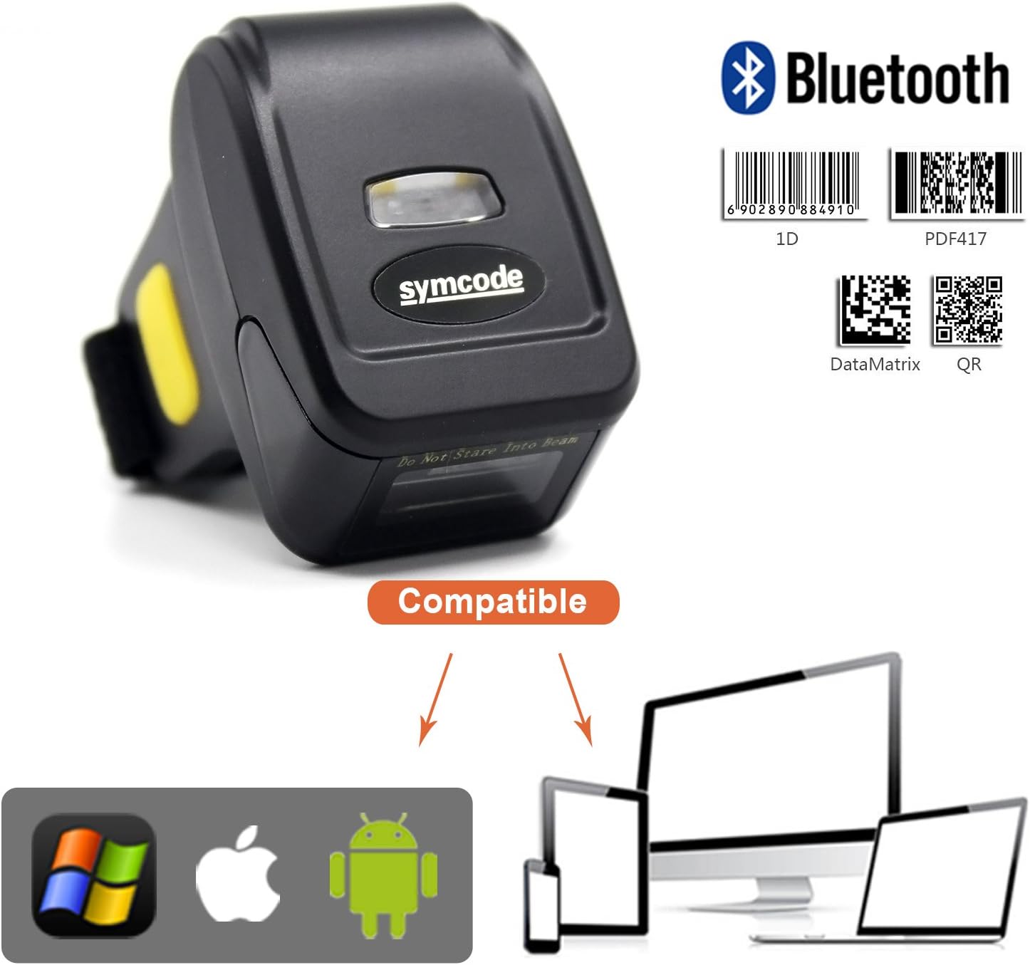 2D Bluetooth Ring Barcode Scanner,Symcode Wearable Wireless Finger Mini Bar Code Reader Scanner