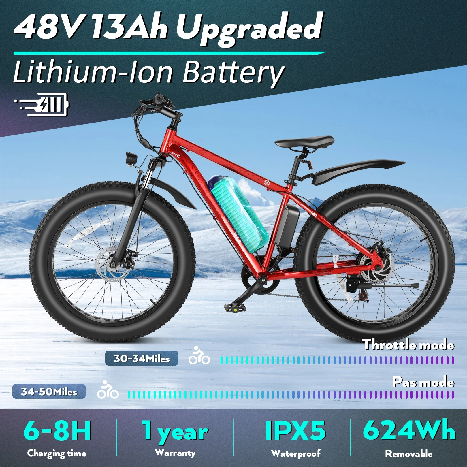 Electric Mountain Bicycle with 500W Motor and 48V Battery