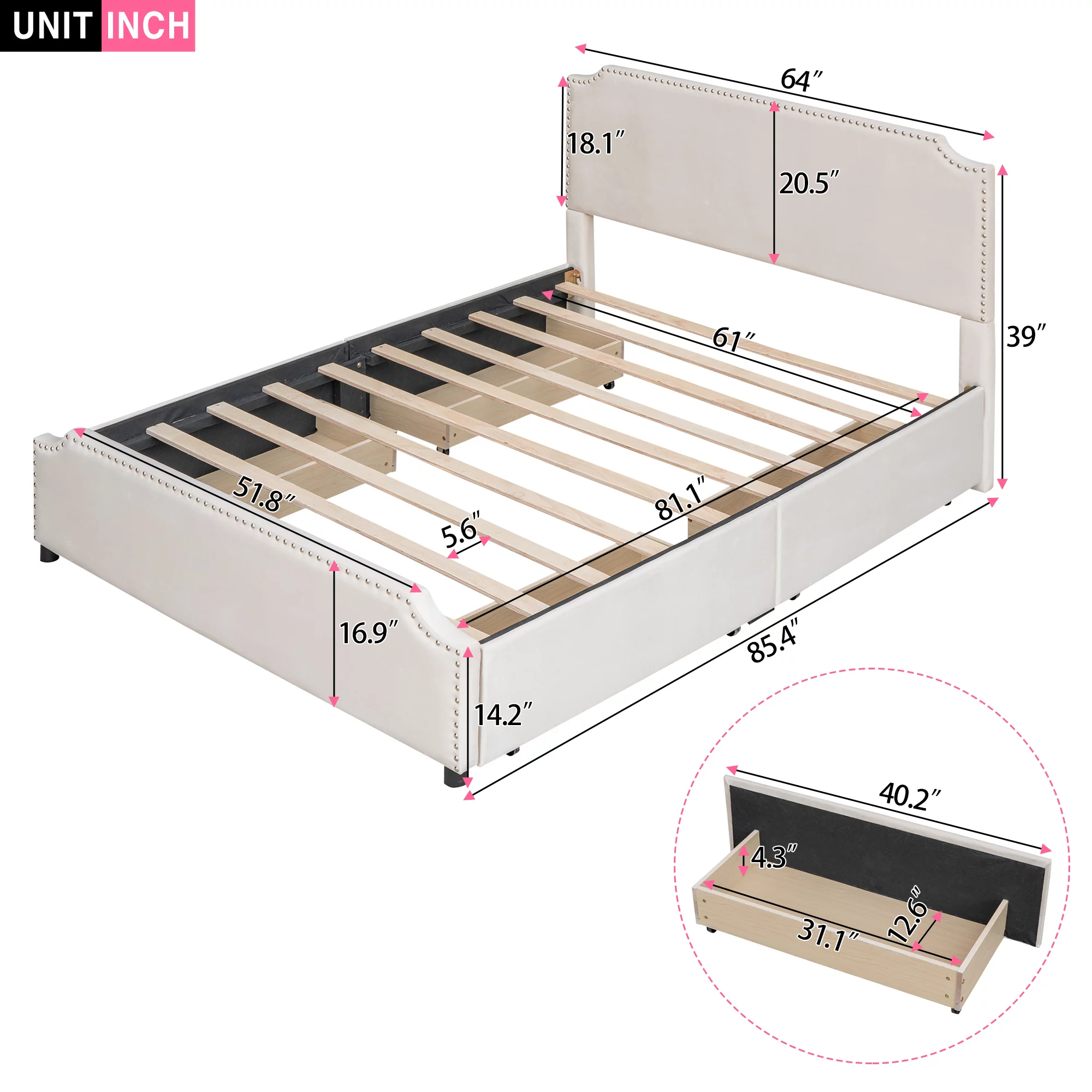 Upholstered Queen Size Bed with 4 Storage Drawers,Upholstered Platform Bed Frame with Stud Trim Headboard and Footboard