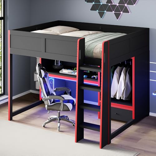 Modern Full Size Gaming Loft Bed with Built-in Desk and Storage Wardrobe, Wood Loft Bed Frame with Light Strip and 2 Drawers