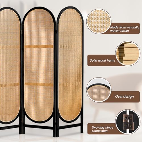 3 Panel Room Dividers and Folding Privacy Screens, Hand-Made Rattan Room Divider with Bi-Directional Hinge