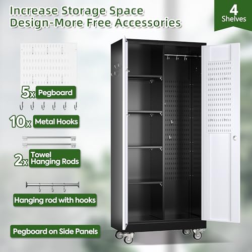 73" H Metal Storage Cabinet with Wheels, Garage Storage Cabinet with 4 Adjustable Shelves and Lockable Doors for Garage Home Office Utility Room