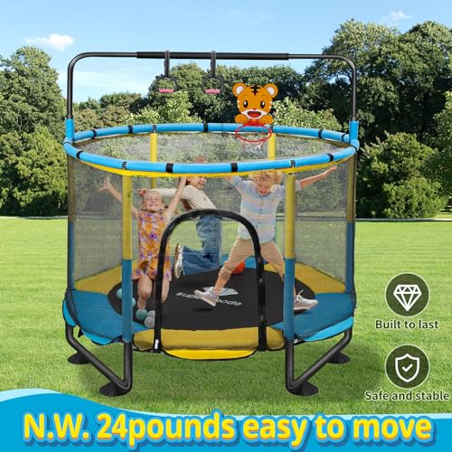 Trampoline for Kids, 5FT Adjustable for Toddler, Indoor/Outdoor Baby Trampoline with Enclosure Net, No-Gap Safe Design, Gifts for Boys & Girls