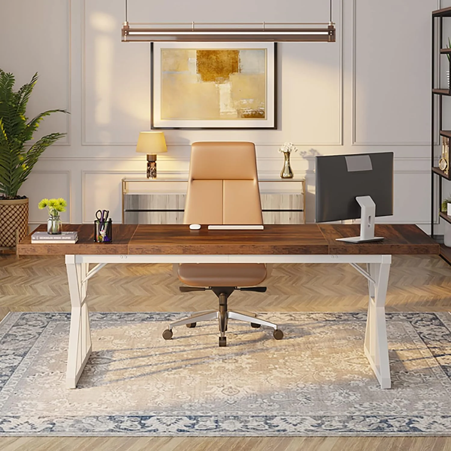 Tribesigns 71" Executive Desk, Large Computer Desk Study Writing Table for Home Office (Brown/White) - Curated Treasures Market