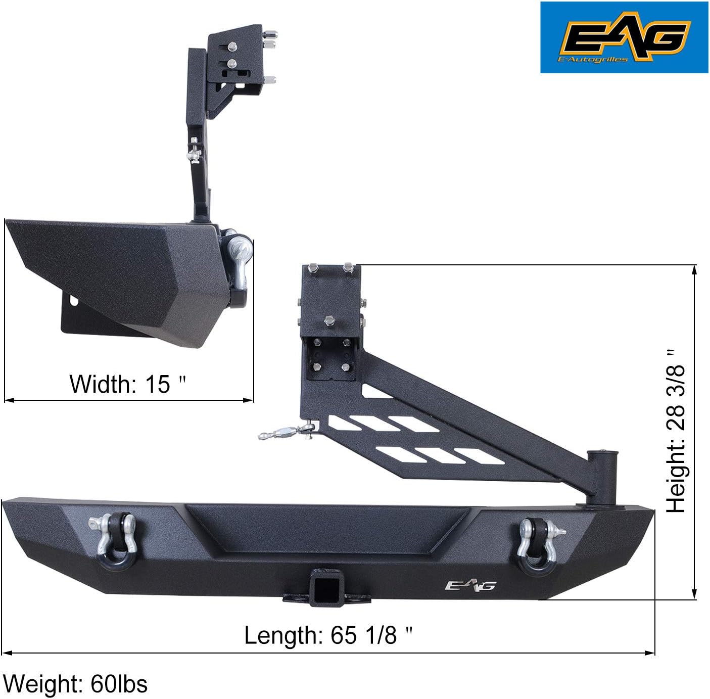 EAG Rear Bumper with Tire Carrier Linkage 2 Hitch Receiver Offroad Fit for 2007-2018 Wrangler JK