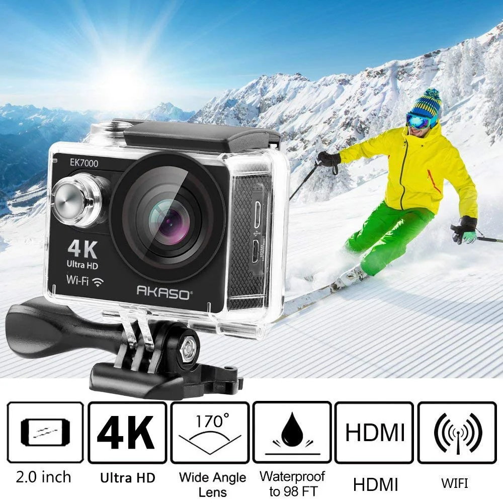 AKASO EK7000 4K Video WiFi Action Camera Ultra HD Waterproof DV Camcorder 12MP 170 Degree Wide Angle LCD (Black) with Wireless Remote Custom Case