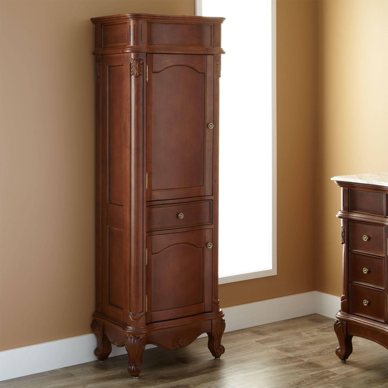 Signature Hardware Sedwick Brown Cherry Bathroom Linen Storage Cabinet