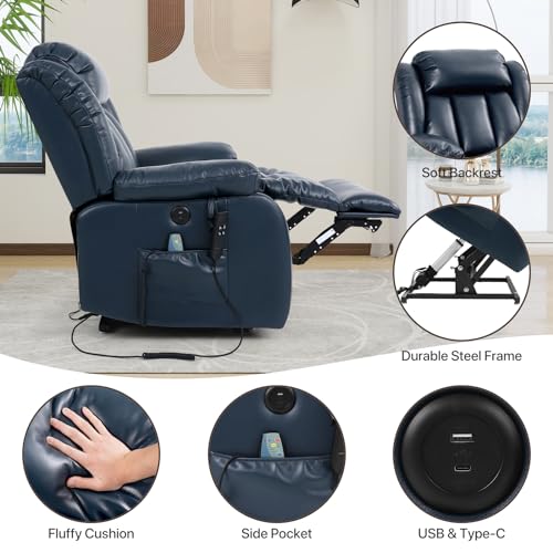 EDILLY Large Genuine Leather Power Lift Recliner Chairs for Elderly, Dual Motor with Massage and Heating,Double Lumbar Cushion and Extended Footrest