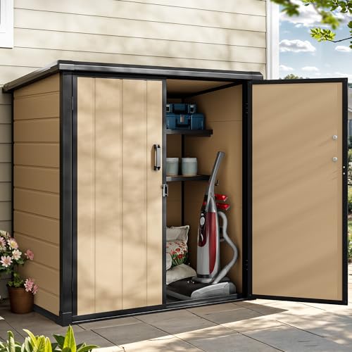 DWVO 5x3ft Resin Outdoor Storage Shed with Floor, Waterproof Lockable Storage Shed with Window, Plastic Outside Tool Storage for Garden, Backyard