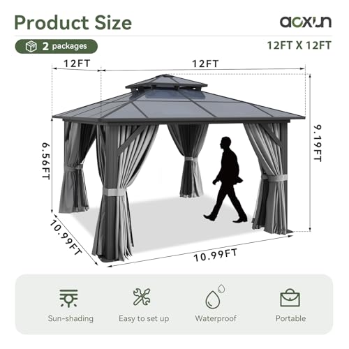 Aoxun 12'x10' Hardtop Gazebo, Aluminum Frame Permanent Pavilion with Curtains and Netting, Outdoor Polycarbonate Double Roof Canopy