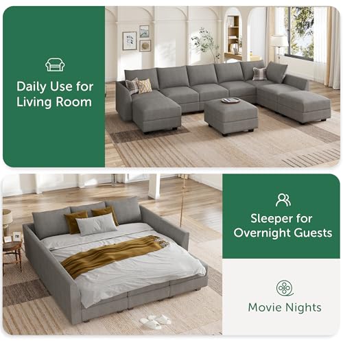 HONBAY Modular Sofa Sectional Sleeper Couch with Ottomans Reversible Sleeper Sectional Sofa Modular Couch with Storage, Aqua Blue