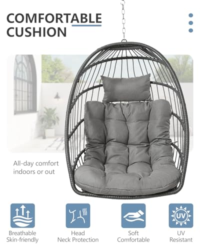 SWITTE Egg Chair Outdoor with Stand, Indoor Wicker Hanging Egg Swing Chair with Cushion, 350lbs Capacity for Patio, Bedroom, Garden - Gray