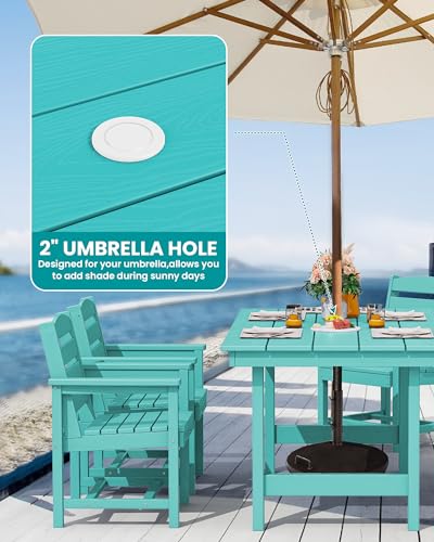 SERWALL Outdoor HDPE Dining Table Set, 7-Piece Outdoor Dining Table Sets with Umbrella Hole Cut-Out Table and 6 Chairs, Gray