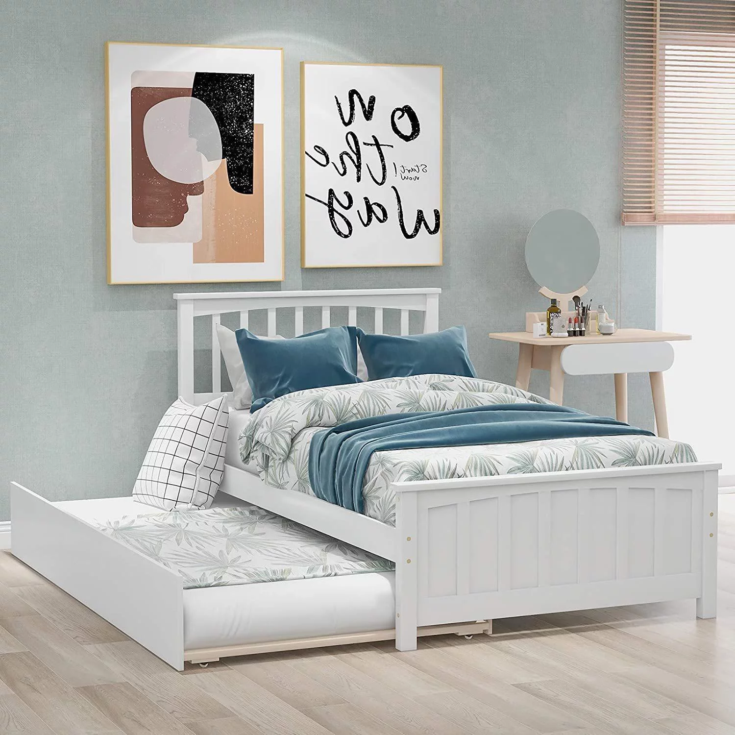 Wood Daybed with a Trundle Daybed Twin Size, Standard Twin Bed Frame, No Box Spring Required (White Daybed with Trundle)