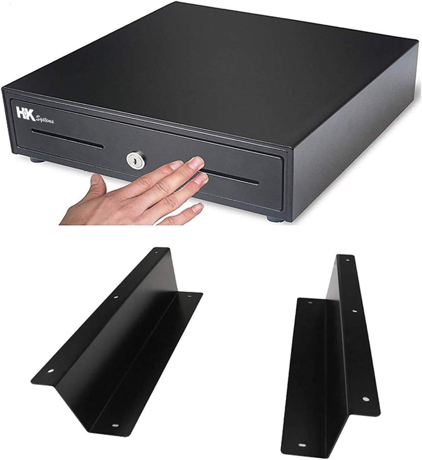 HK SYSTEMS 13 Heavy Duty Black Push Open Cash Drawer, 4B5C with Under Counter Mounting Metal bracket