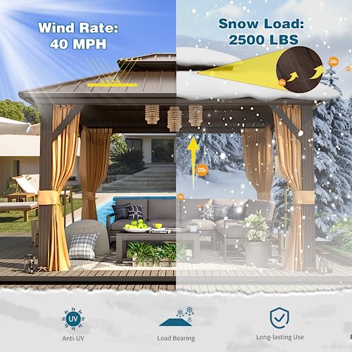 MELLCOM 10'x13' Hardtop Gazebo with Polycarbonate Double Roof, Aluminum Frame Outdoor Gazebo Permanent Pavilion with Curtains and Netting for Patio