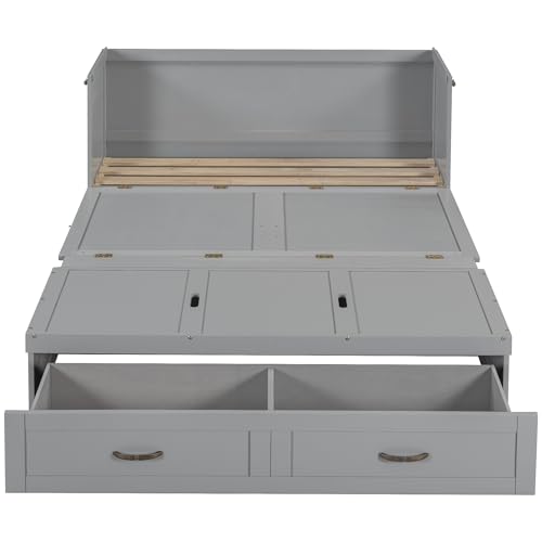 Harper & Bright Designs Full Size Murphy Bed Cabinet Wall Bed, Solid Pine Murphy Bed Chest with USB Ports