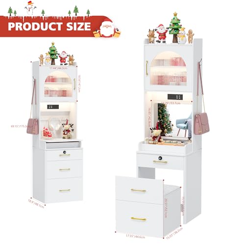 NUNU LAB 42 Inchs Large Vanity Desk with Mirror and Lights with 6 Drawers and 4 Cabinets, Big Women Makeup Table with Power Outlet