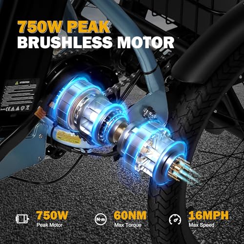Triker Electric Bike, Peak 750W Brushless Motor Folding Trike Ebike, 468Wh Removable Battery, Step-Thru 3 Wheel Electric Bicycle, Up to 50 Miles