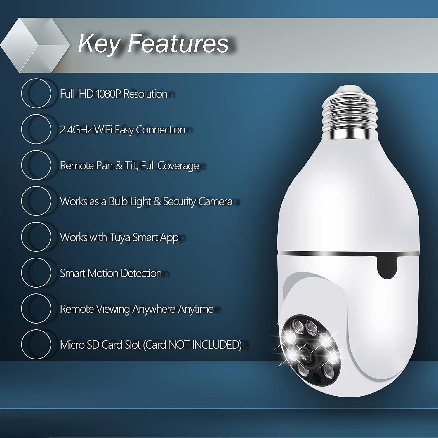 Pan Tilt Security Light Camera, Full HD 1080P Wireless Wi-Fi IP Camera