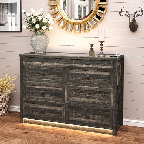 Farmhouse 8 Drawers Dresser for Bedroom, Tall Wood Chest of Drawers with LED Light/Charging Station/Human Sensor, Clothes Dressers for Closet