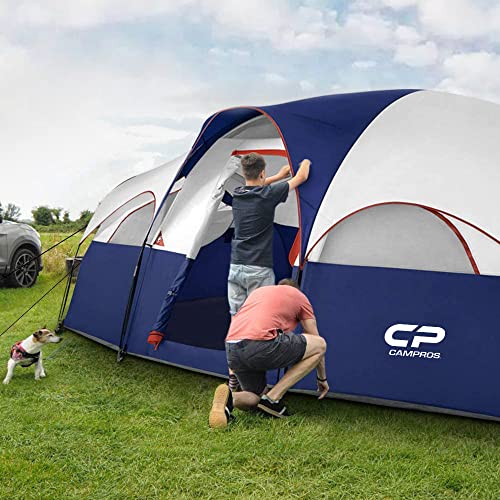 CAMPROS CP Tent 8 Person Camping Tents, Weather Resistant Family Tent, 5 Large Mesh Windows, Double Layer, Divided Curtain for Separated Room