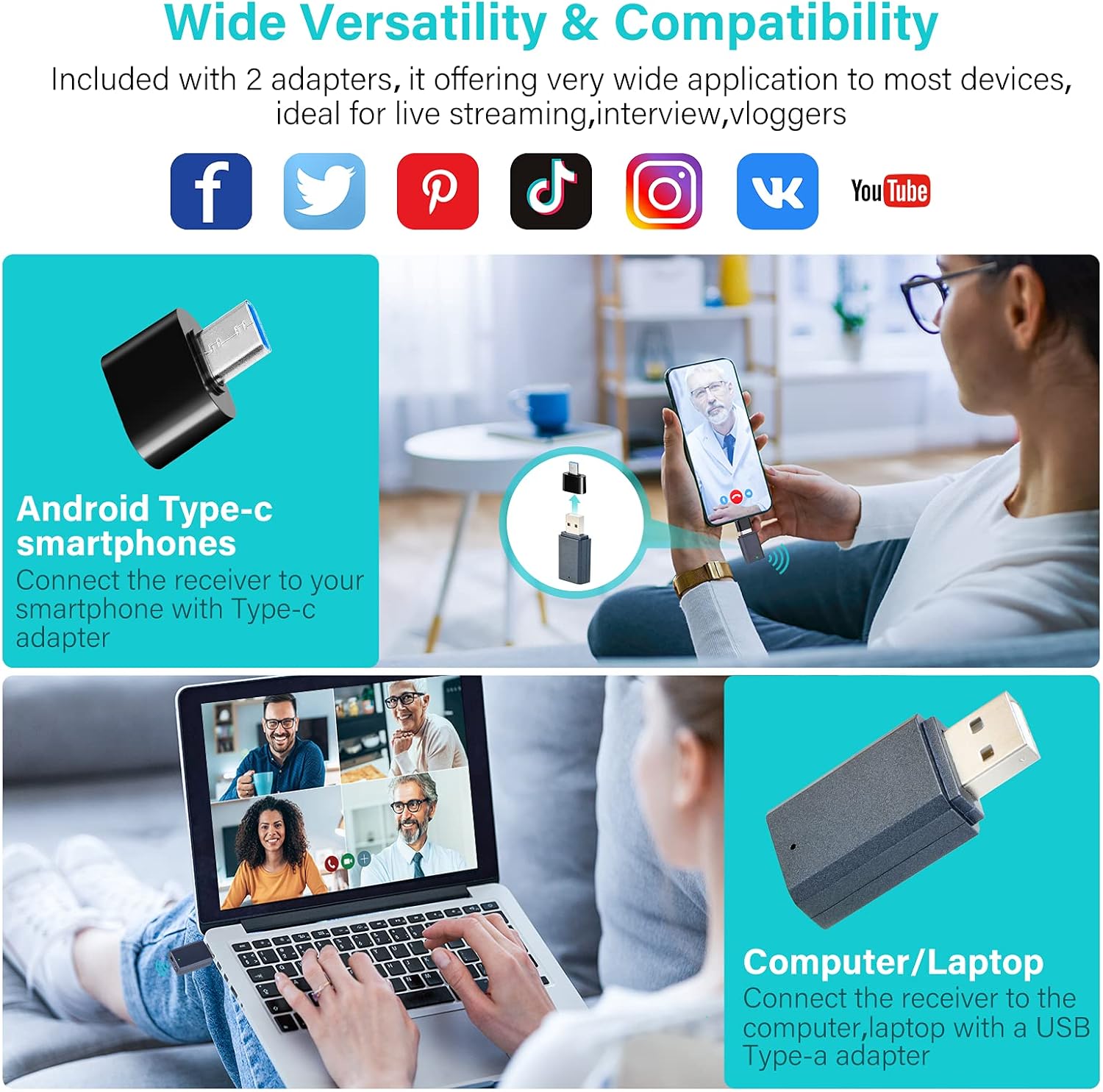 Wireless Lavalier Microphone,48KHz USB Wireless Noise Reduction Mic Lapel Clip-on Mic for Computer Android, Laptop Speaker, Podcasting, Vlog, TikTok