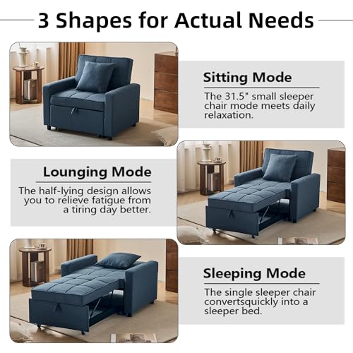 Sofa Bed Chair Convertible ，Sleeper Sofa with Pull-Out Bed ，3-in-1 Futon Couch with Reclining Backrest and Side Pocket (Blue, 35.6‘)