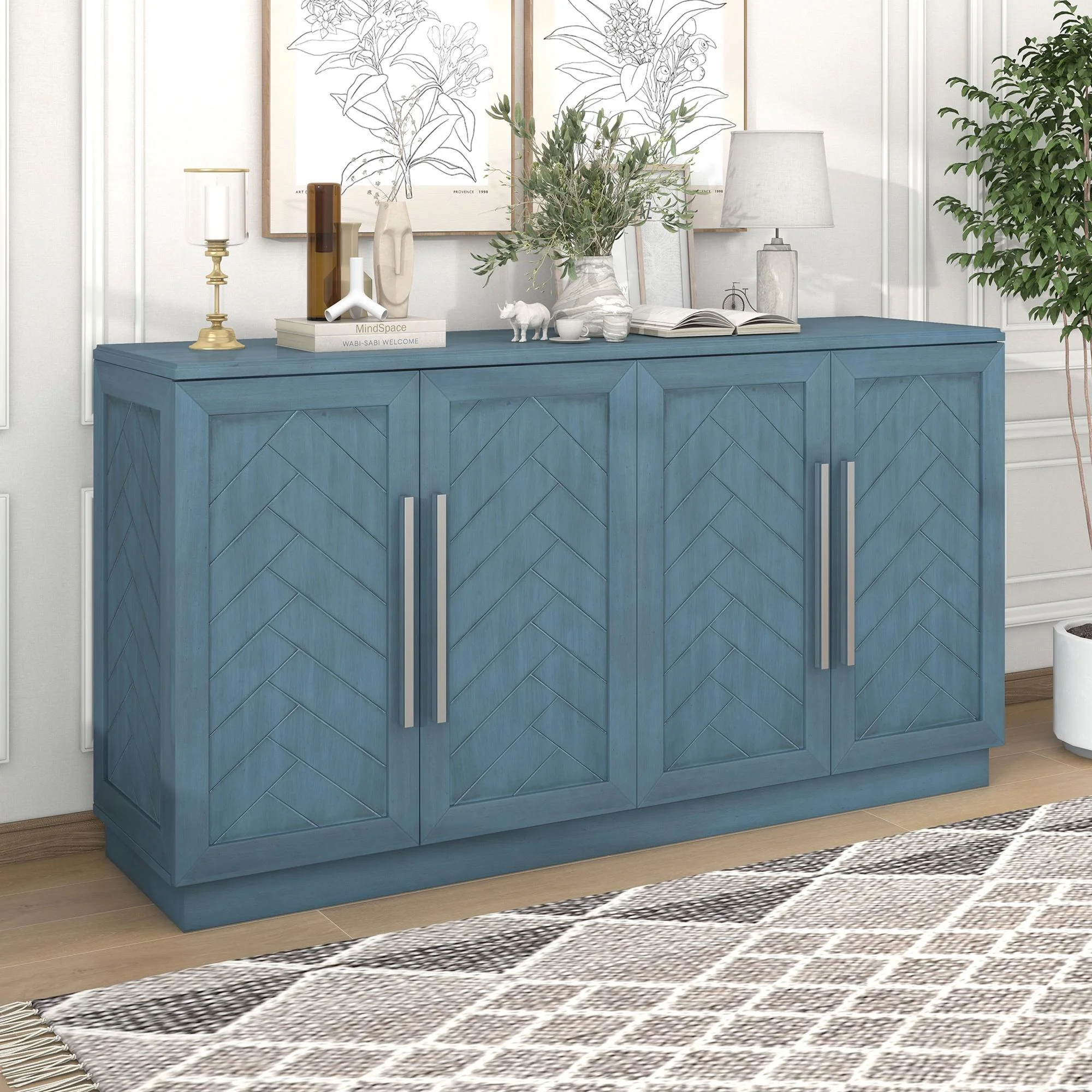 Blue Buffet Cabinet, FURNINEST Accent Cabinet with 4 Doors, Farmhouse Buffet Cabinet with Adjustable Shelves