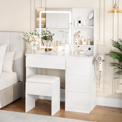 Vanity Desk with Mirror and Lights - Modern Makeup Dressing Table with Outlets, Storage Stool, 4 Drawers & Hair Dryer Holder