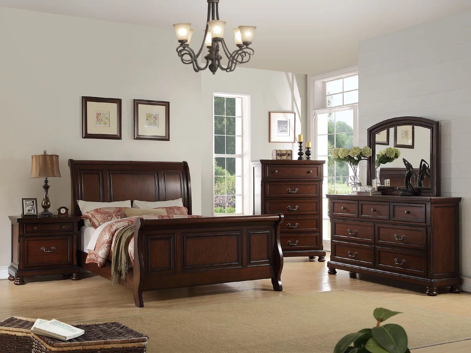 Majestic Traditional Cherry Veneer 6pc Bedroom Furniture Cal King Size Bed Dresser Mirror 2 Nightstands Chest Sleigh Bed