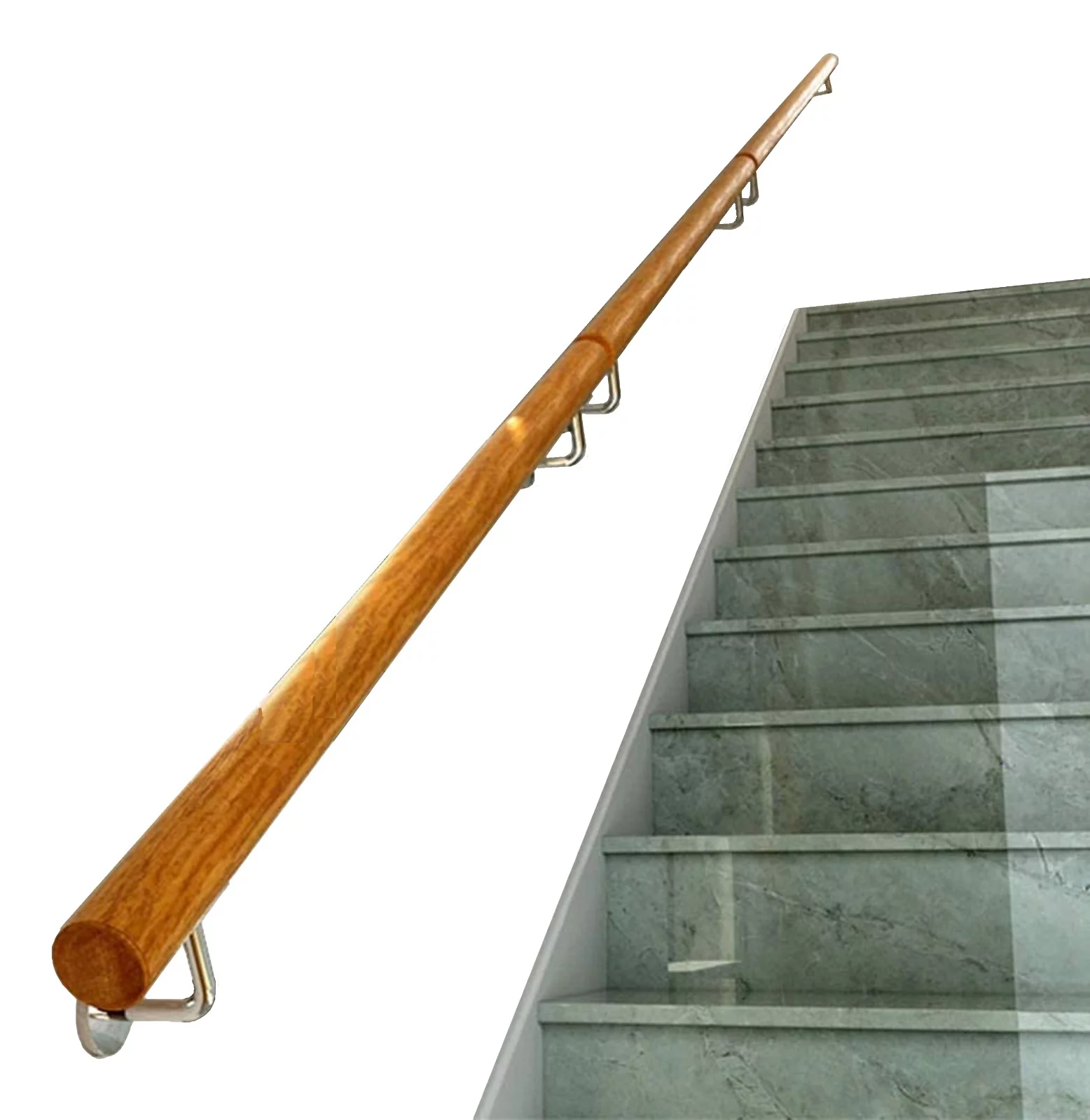 Stair Handrail Wall Rails 15 FT Long, 2.0" Diameter Grab Bar Iron Bracket, Wooden Handrail Stair Rail Non Slip for Elderly