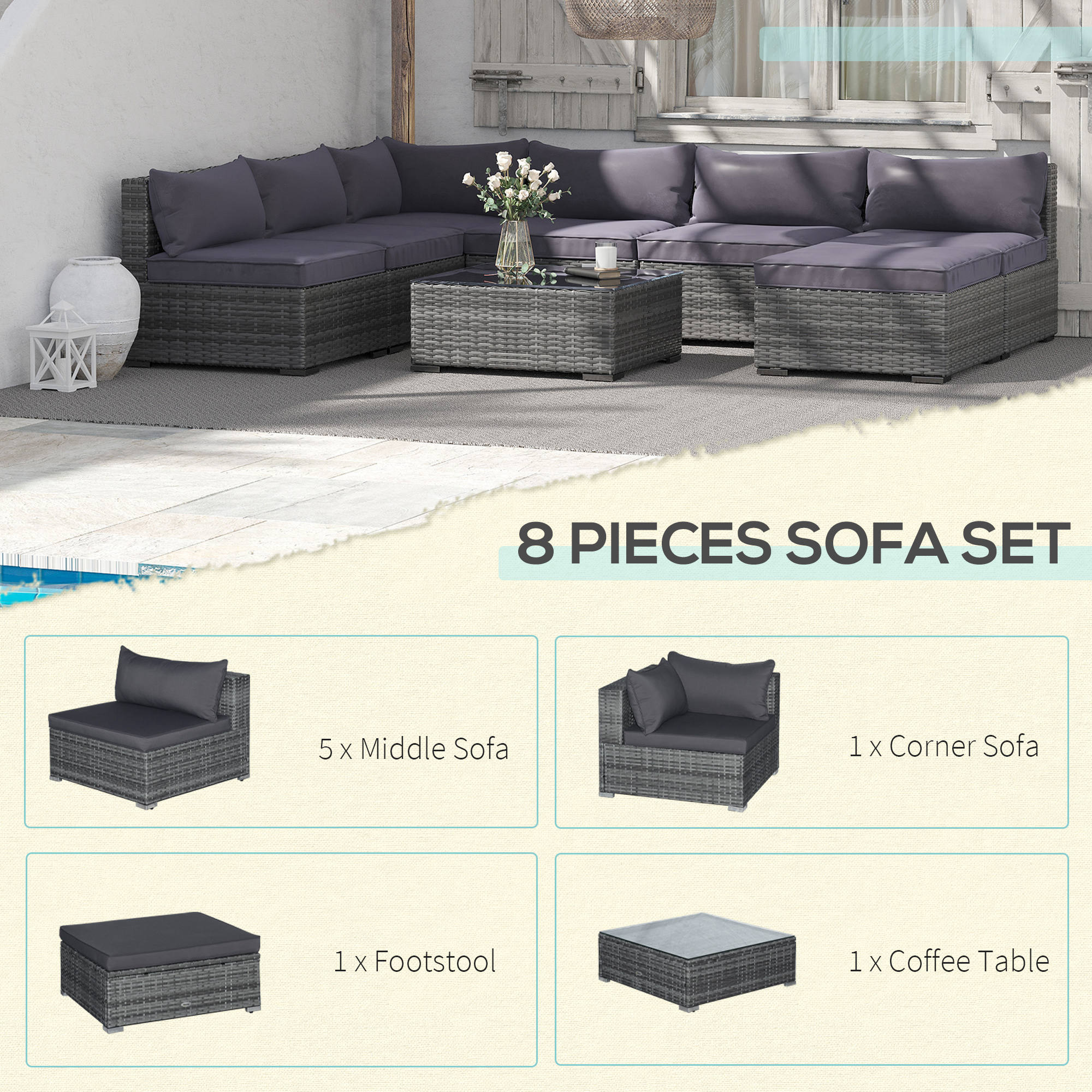 Outsunny Patio Furniture Set, 8 Pieces, Sectional Sofa, All Weather PE Rattan Conversation Set, Tempered Glass Table, 6 Seats, Ottoman Footstool