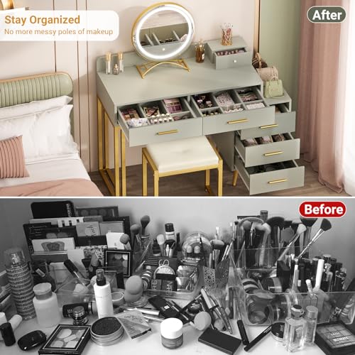 White Vanity Desk with Mirror and Lights, Modern Makeup Vanity Table Set with 6 Storage Drawers and Cushioned Stool for Bedroom