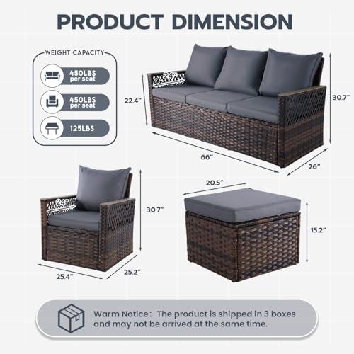 MELLCOM 4 Pieces Patio Furniture Set, Outdoor Wicker Chairs with Ottomans