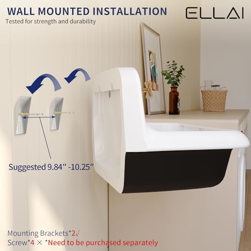 ELLAI 24 Inch Wall Mounted High Back Kitchen Sink White and Black Porcelain Utility Sink Farm Sink Ceramic Farmhouse Laundry Sink Wall Mount Bathroom