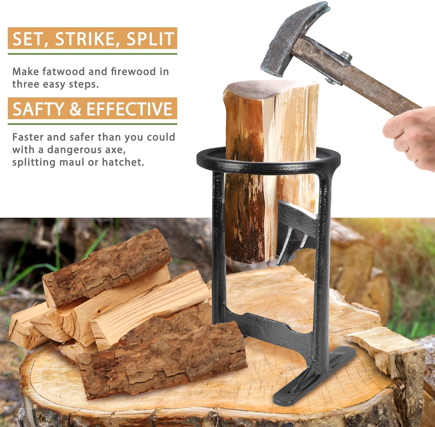 ORIENTOOLS Kindling Splitter, Hand Cast Steel Firewood Cutter, No More Axes, Chop The Log Quickly for Home, Campsite and More Pack of 2