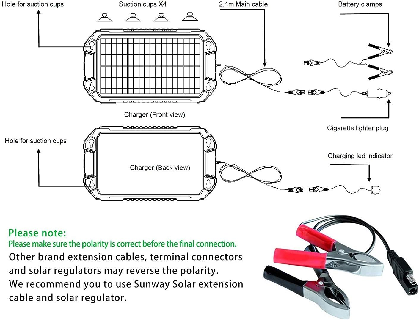 Sunway Solar Car Battery Trickle Charger & Maintainer 12Volt 8W Solar Panel Power Charger kit Portable Waterproof for Automotive RV Marine Boat Truck