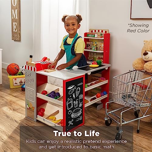 Best Choice Products Pretend Play Grocery Store Wooden Supermarket Toy Set for Kids w/Play Food, Chalkboard, Cash Register, Working Conveyor - Red