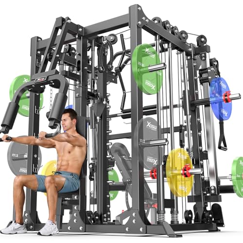 Power Cage Smith Machine Power Rack Multifunctional Deep Squat Rack Cable Crossover System Selectable More Training Attachment for Garage & Home Gym