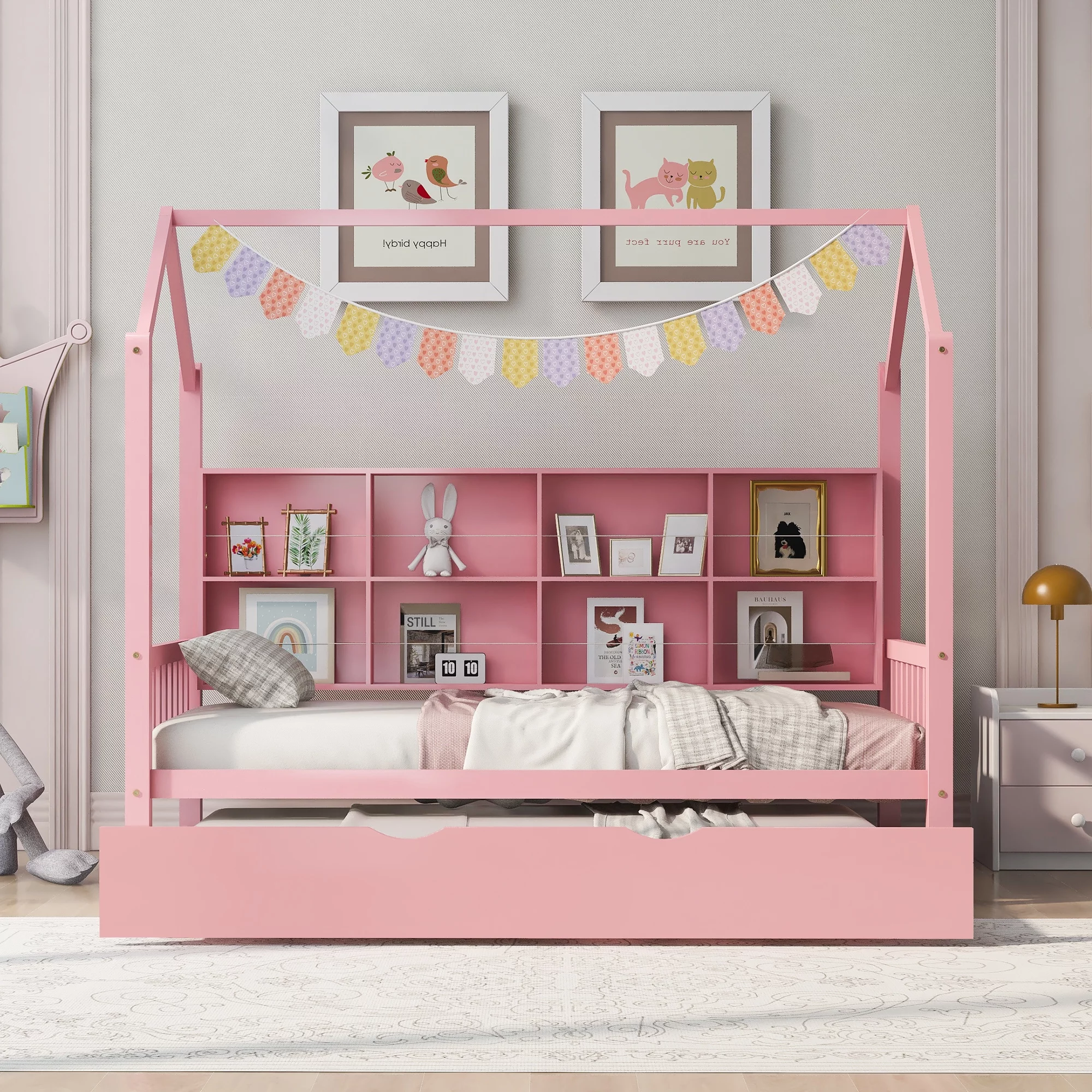 Swivelife Wooden Twin Size House Bed with Trundle,  Kids Bed with Shelf for Kids Room, Pink